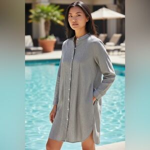 Eileen Fisher Striped Linen Cotton Blend Shirt Dress W/ Mandarin Collar (SP)